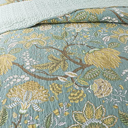 NEWLAKE Cotton Bedspread Quilt Sets-Reversible Patchwork Coverlet Set, Green Floral Pattern, Queen Size NEWLAKE