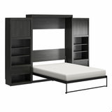 REALROOMS Halstead Queen Size Murphy Bed with 2 Nightstand Cabinets, Space-Saving Fold-Out Wall Bed with Open Shelving and Concealed Storage for Bedroom or Guest Room, Black Oak REALROOMS