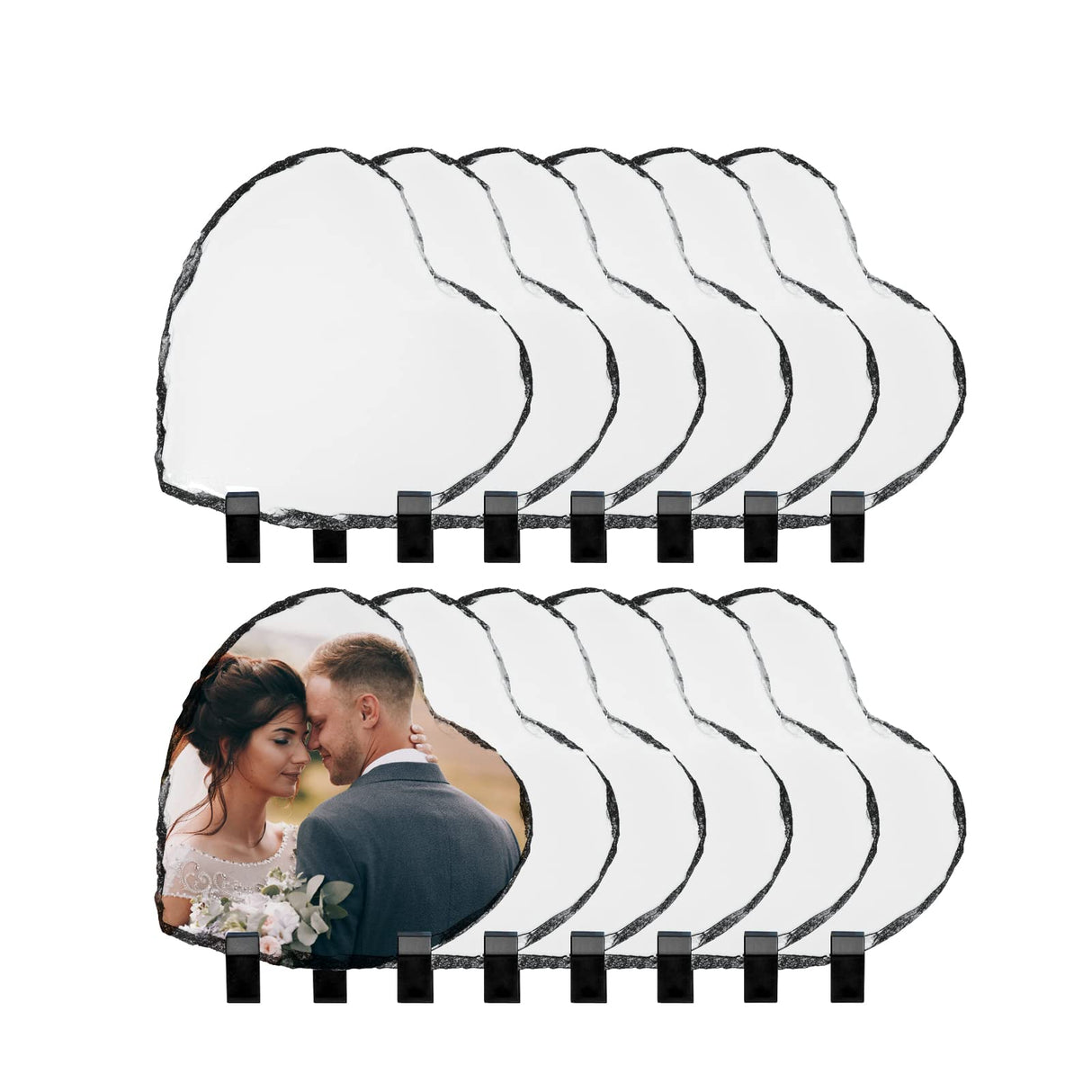 PYD Life 12 Pack Sublimation Photo Slates Heart Shape Rock Blanks 5.3 x 5.3 Inch Bulk Square Stone Frame White with Display Holder for Heat Press Transfer Printing PYD Life