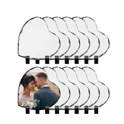 PYD Life 12 Pack Sublimation Photo Slates Heart Shape Rock Blanks 5.3 x 5.3 Inch Bulk Square Stone Frame White with Display Holder for Heat Press Transfer Printing