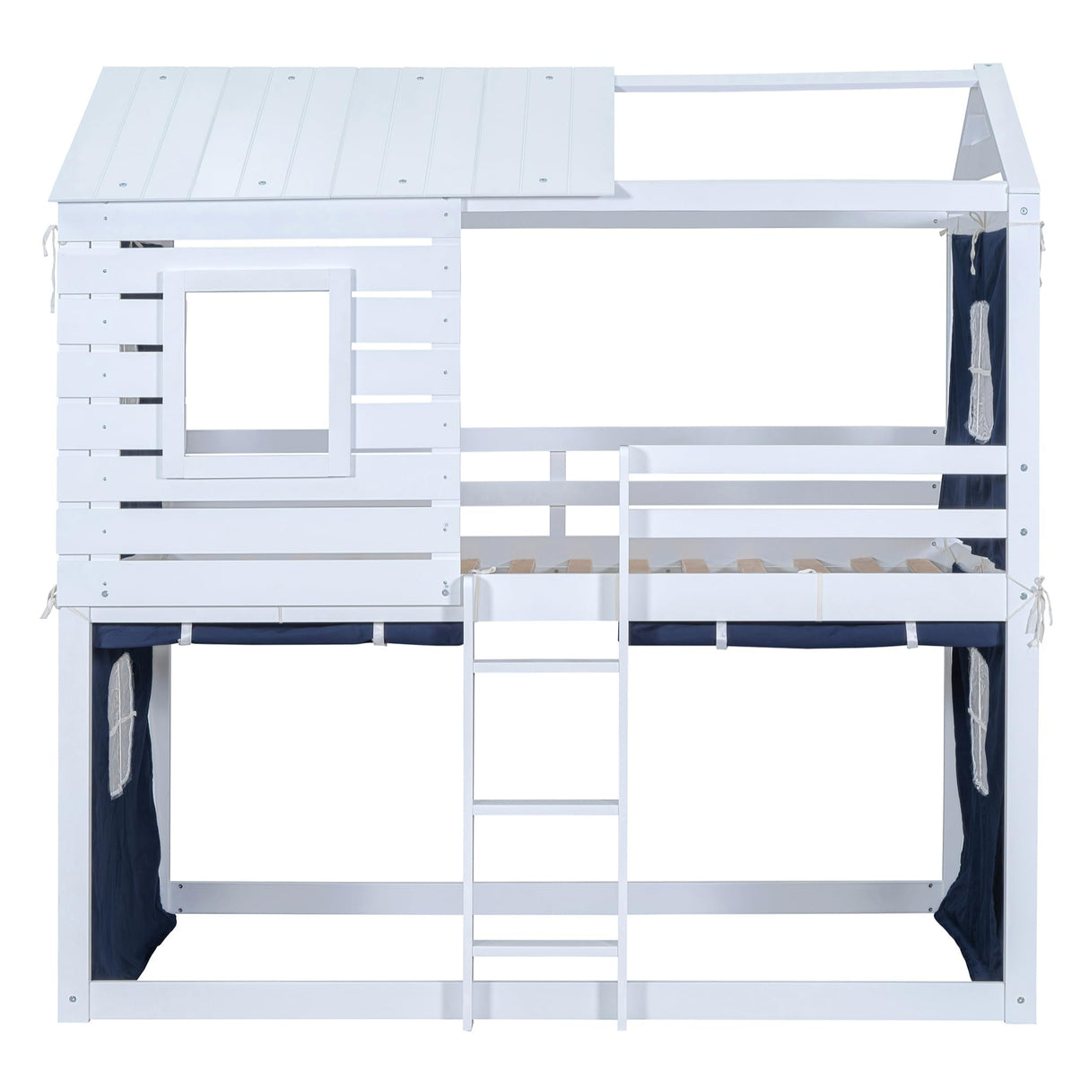Harper & Bright Designs Twin Over Twin Bunk Bed, Wood Twin Size Bunk House Bed with Tent and Windows, Blue+White Harper & Bright Designs