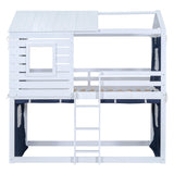 Harper & Bright Designs Twin Over Twin Bunk Bed, Wood Twin Size Bunk House Bed with Tent and Windows, Blue+White Harper & Bright Designs