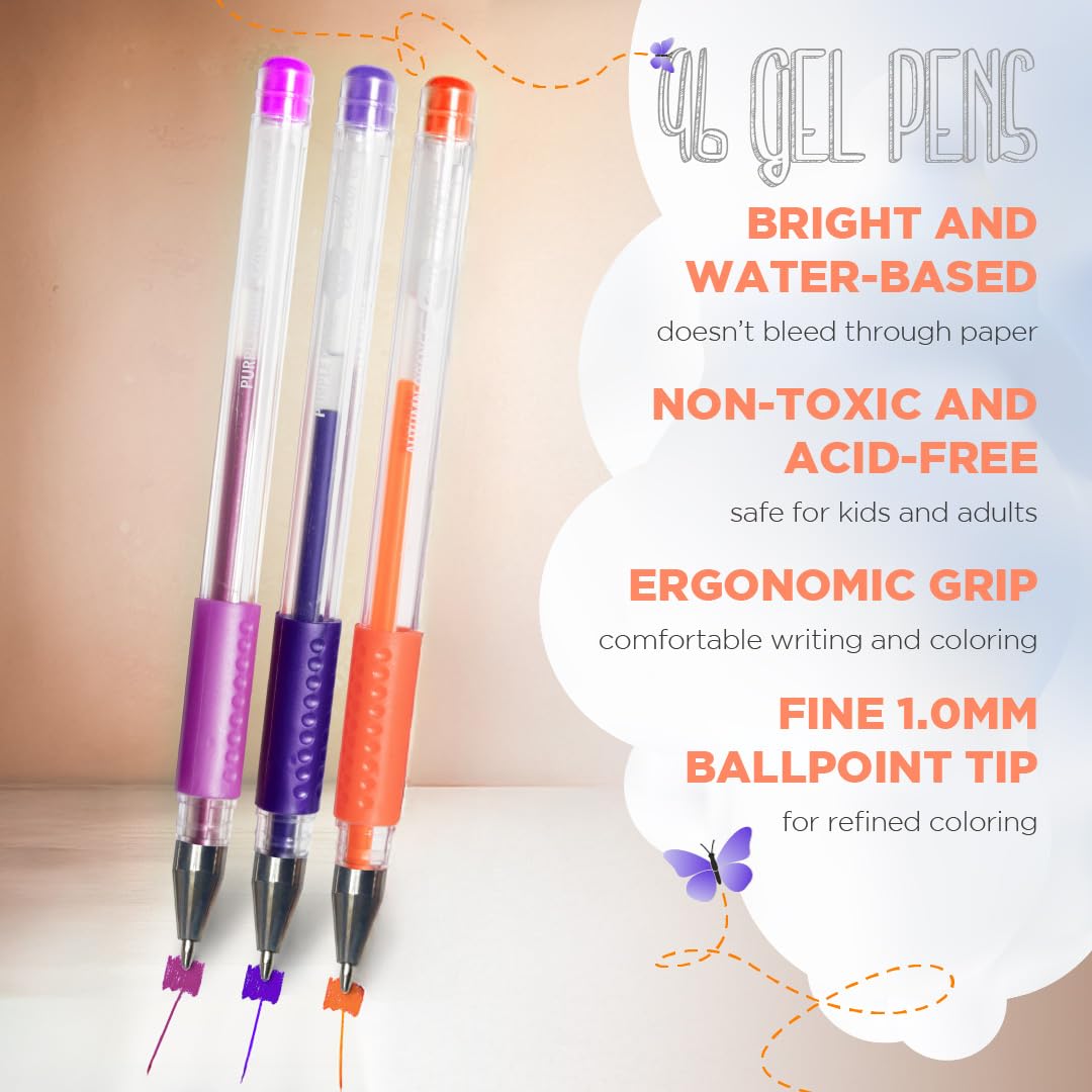 ColorIt Gel Pens Set for Coloring – 192 Pack with 12 Metallic, 12 Neon, 72 Glitter Gel Pens - 96 Refills & 2 Travel Cases - Vibrant Colors for Journaling, Writing, Coloring Books, & Creative Projects ColorIt