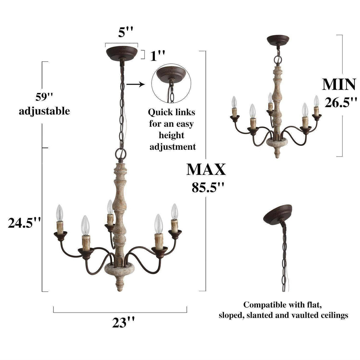 GEPOW Farmhouse Chandelier, 5-Light French Country Chandelier, Rustic Distressed Wood Chandeliers Light Fixture for Dining Room, Living Room, Bedroom, Foyer GEPOW