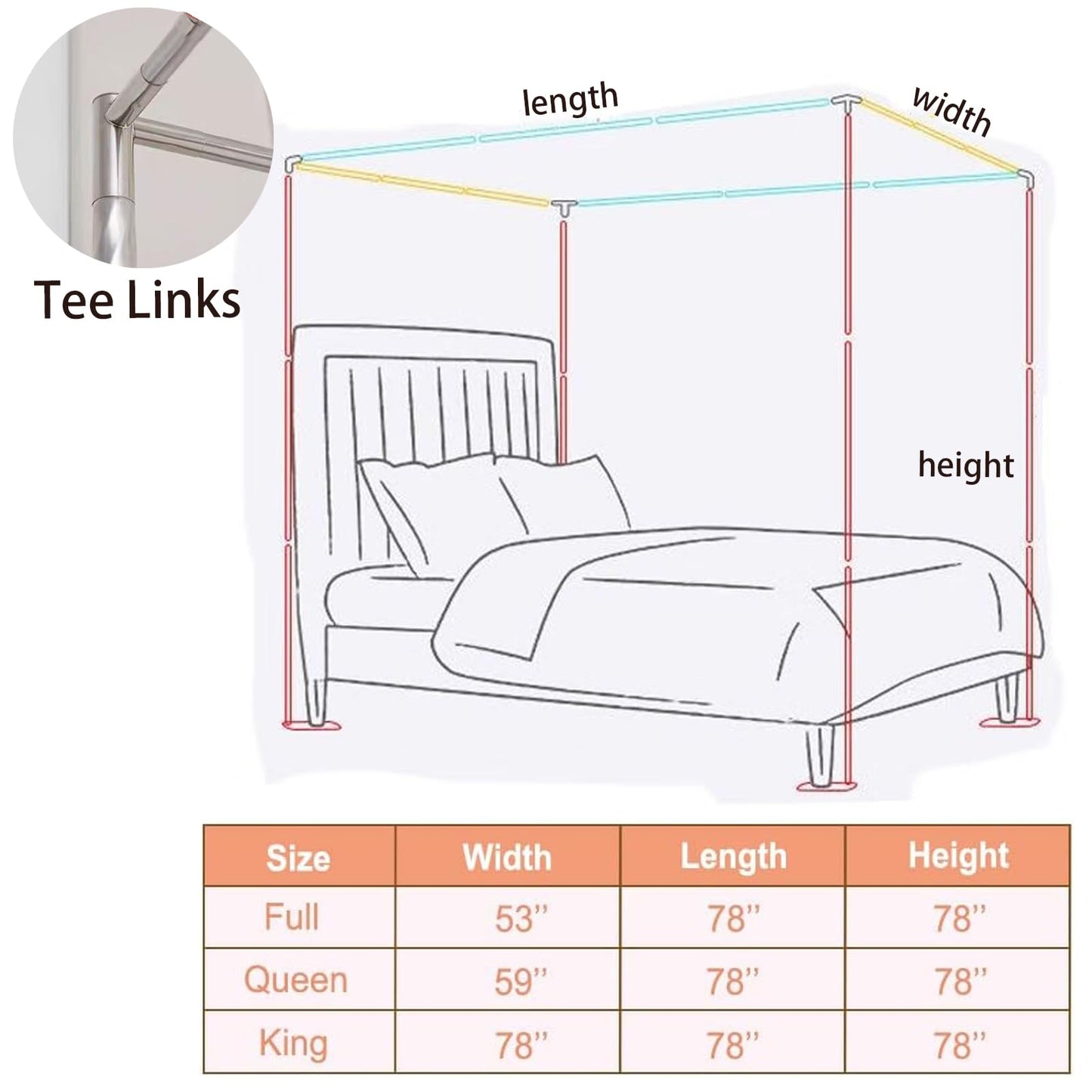 VELSKUD Canopy Bed Frame King, Stainless Steel Four Corner Bed Canopy Poles Mosquito Net Frame Bracket Fit for Metal Bed Wood Bed, Stainless Steel Canopy Bed Frame King Size