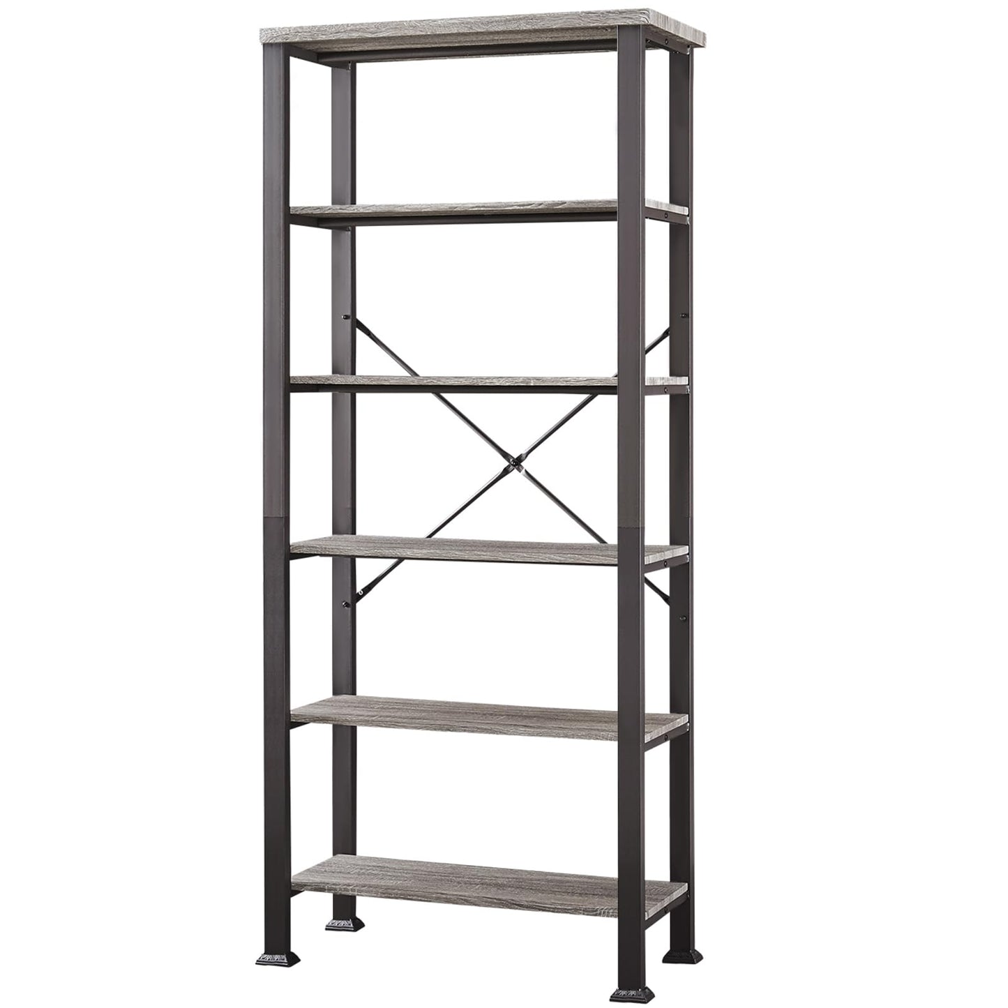 HOMBAZAAR Rustic Grey 6-Tier Bookshelf with Metal Frame – Elegant Heavy Duty Storage for Living Room, Office, and Bedroom - WoodArtSupply