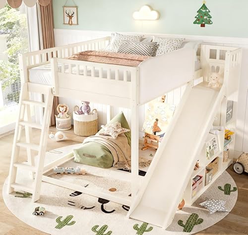 Bellemave Bunk beds Full Over Full with Slide and Stair and upholstered headboard, Low bunk/loft Bed for Kids，Beige Bellemave