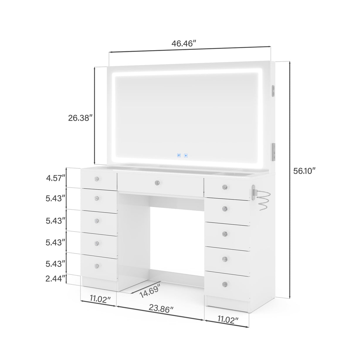 Boahaus Amelia Large Makeup Vanity Desk with Dimmable LED, 2 Bluetooth Speakers, USB Type C & Type A, 110 V Power Outlet, 11 Drawers, Crystal Knobs, Hair Dryer Holder - Premium White Boahaus