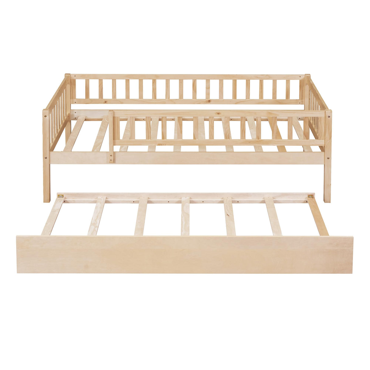 Harper & Bright Designs Twin Daybed with Trundle, Wood Twin Trundle Bed Frame with Fence Rails,Montessori Twin Bed for Kids Girls Boys Bedroom,Guest Room,Living Room,No Box Spring Needed,Natural Harper & Bright Designs