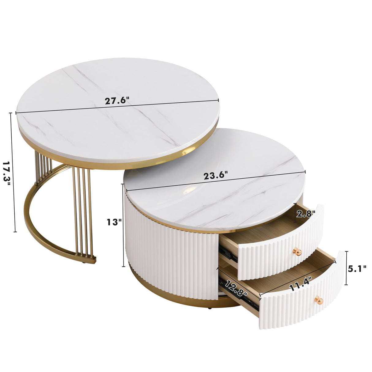27.6'' Modern 2 Pieces Round Nesting Coffee Table with Drawers, Gold+White Merax