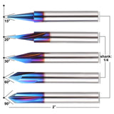 HQMaster 5PCS CNC Wood Carving Router Bits Set, 1/4'' Shank, 15° Detail Carving Liner+ 20° Profile bit+30°+60°+ 90° V Groove Router Bit Set HQMaster