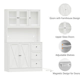 Irontar 70.9'' Kitchen Pantry Cabinet, Kitchen Hutch with Microwave Stand & Charging Station, Farmhouse Tall Kitchen Cabinet with Countertop, Bar Cabinet with Drawer and Glass Doors, White CWG011WE Irontar