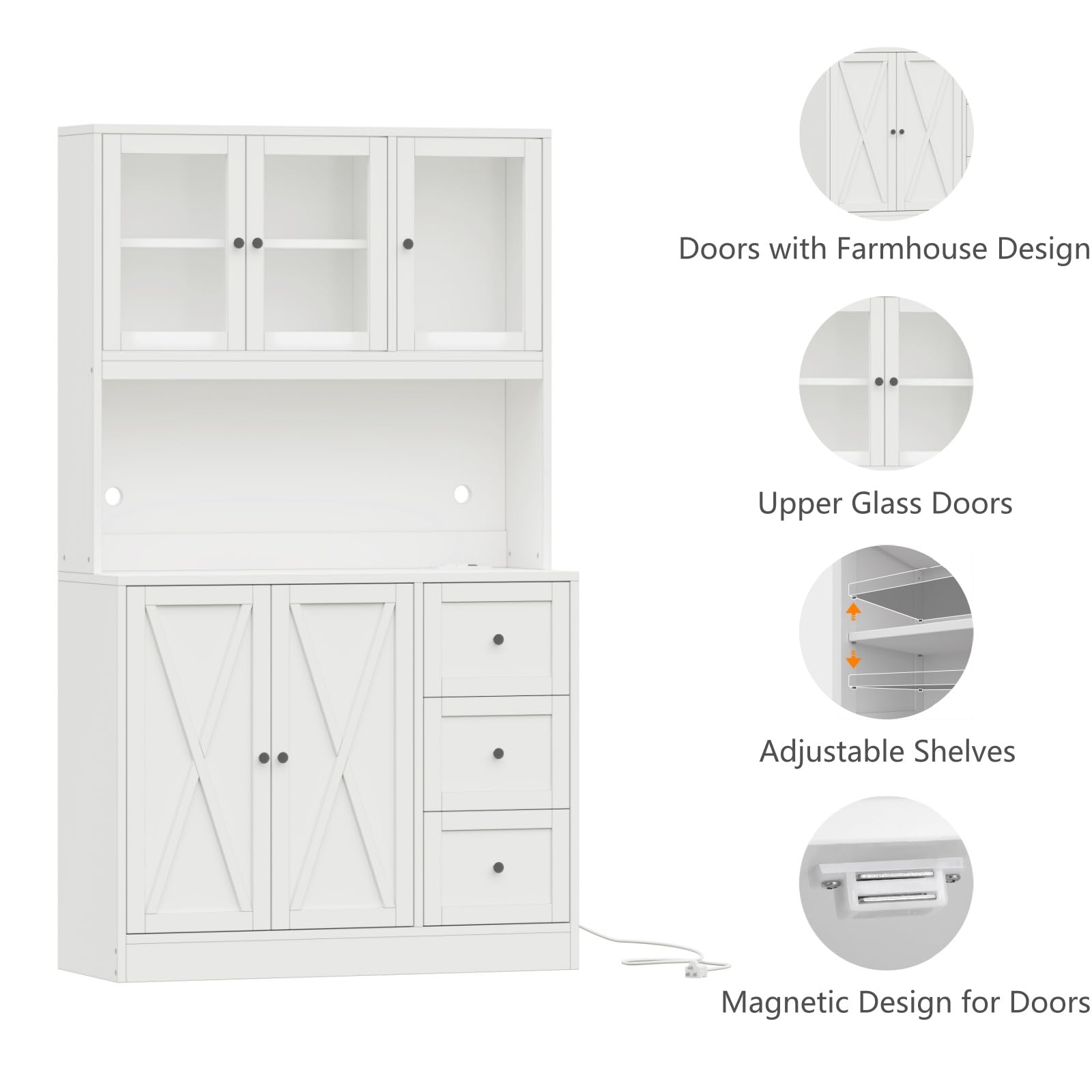 Irontar 70.9'' Kitchen Pantry Cabinet, Kitchen Hutch with Microwave Stand & Charging Station, Farmhouse Tall Kitchen Cabinet with Countertop, Bar Cabinet with Drawer and Glass Doors, White CW - WoodArtSupply