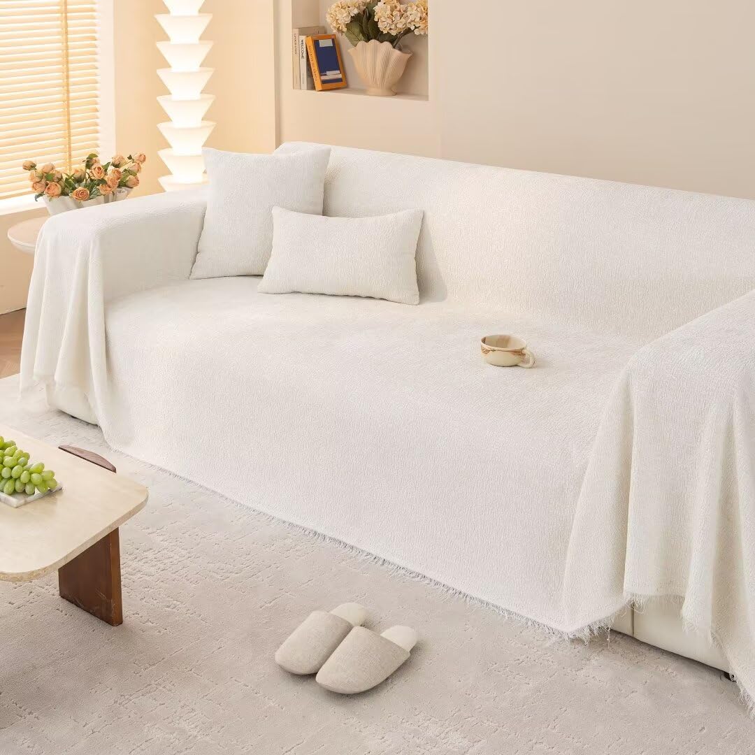 STACYPIK Soft Ivory White Sofa Covers Cats Dogs Anti-Scratch Couch Cover for Sectional Furniture Protector for 3 Cushion Couch with Tassels Anti Slip Loveseat Couch Cover Boho Couch Cover-71x134IN STACYPIK