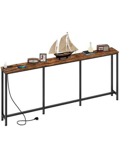 CHOEZON 70.9" Narrow Console Table with Power Outlet 7.1" Skinny Sofa Table, Long Behind Couch Table with Charging Station, Entryway Table for Hallway, Living Room Rustic Brown and Black TXG18UBF