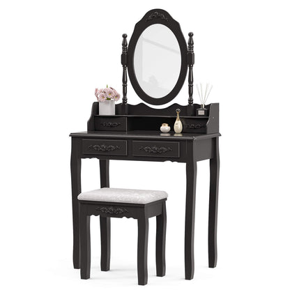 Alohappy Girls Vanity Desk, Makeup Vanity Set with Mirror & Stool, Makeup Table Black Vanity Desk with 4 Drawers Vintage Rose Carving Dressing Desk