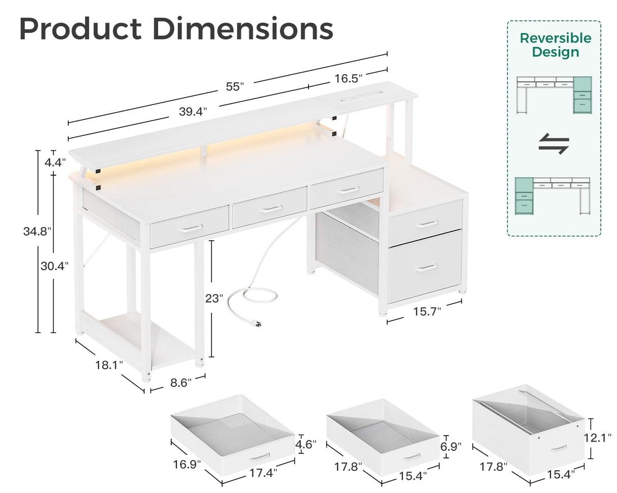AODK 55 Inch Computer Desk with 3 Drawers and File Cabinet for Storage, Office Desk with Monitor Stand and LED Lights, Home Office Desks, White AODK