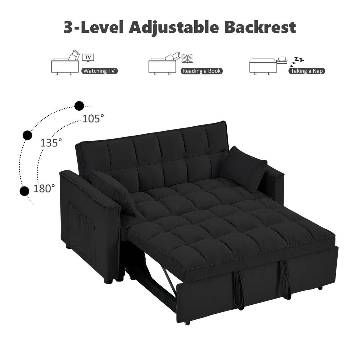Suheww Sofa Bed, 3 in 1 Black Loveseat Sleeper Sofa for Living Room, 2 Seater Pull Out Sofa Cama Small Couch Bed Futon Lounge Sofa for Bedroom Small Spaces Living Room Suheww