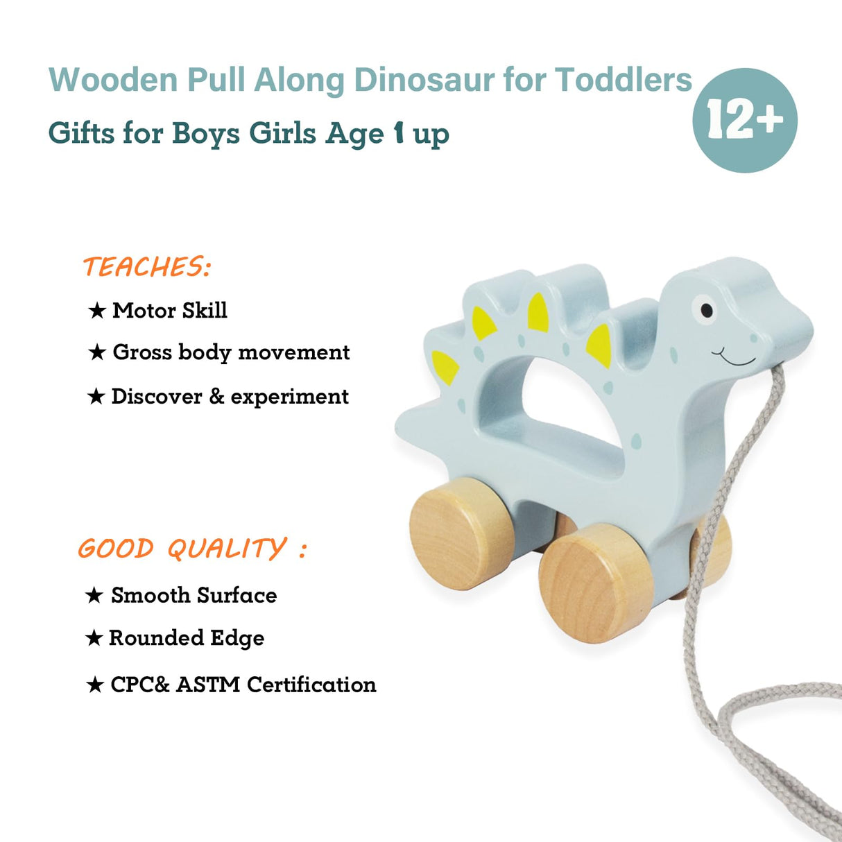 WoodenEdu Baby Toys Car,Wooden Pull Along Toddler Toy, Developmental Toy for 1 Year Old Girl Boy Birthday Gift (Dinosaur) WoodenEdu