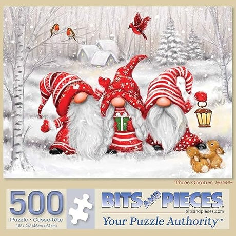 Bits and Pieces – Large 500 Piece Jigsaw Puzzle for Adults – Three Gnomes' Christmas Winter Jigsaw Puzzle by Artist Makiko, Completed Puzzle Size: 18" x 24" Bits and Pieces