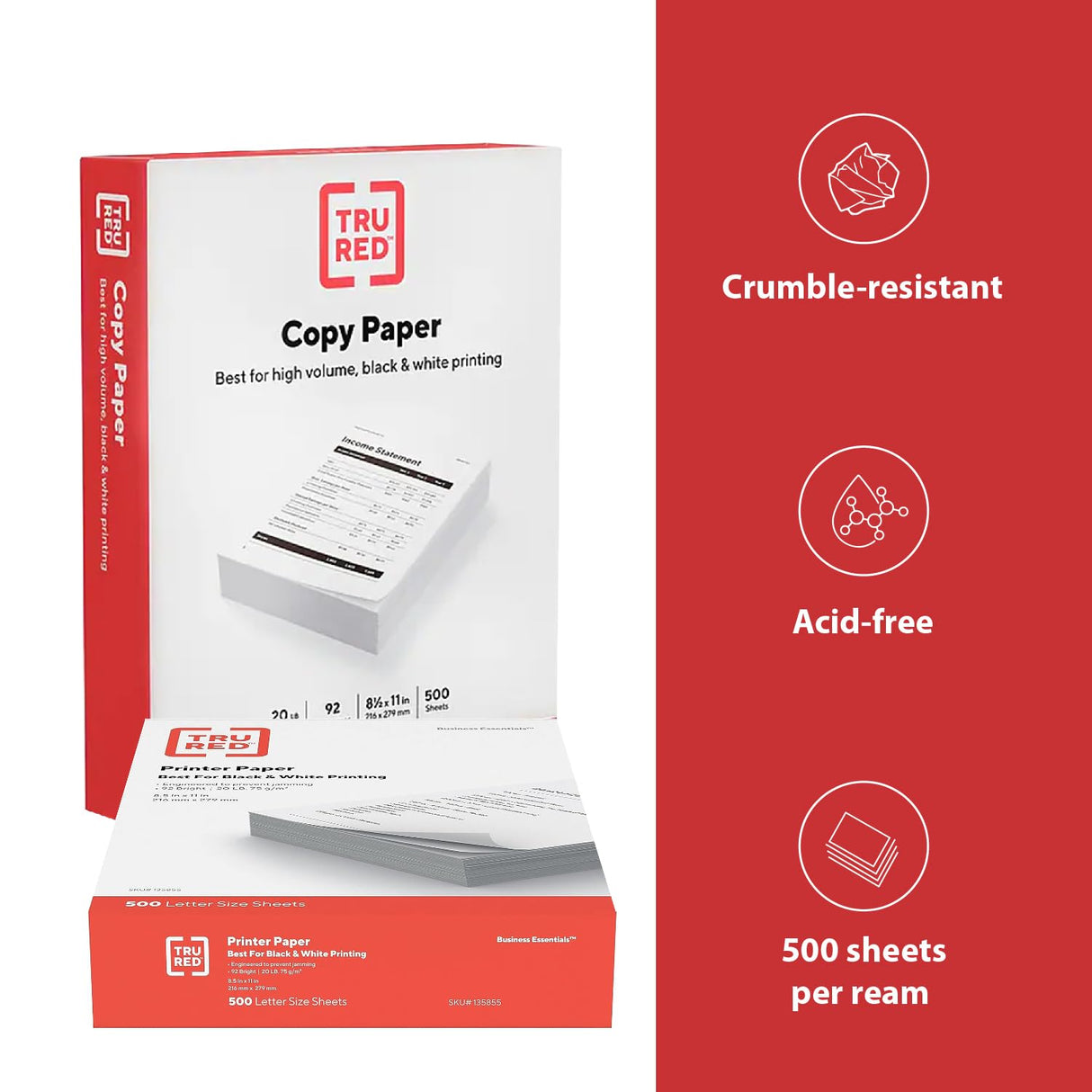 TRU RED Printer Paper, 8.5" x 11", Designed for High-Speed Printers, 92-Brightness, White Color (500 Sheets/Ream) TRU RED