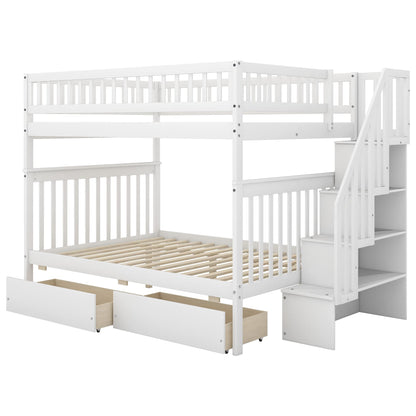 Harper & Bright Designs Modern White Full Over Full Bunk Bed with Stairs and Storage Drawers