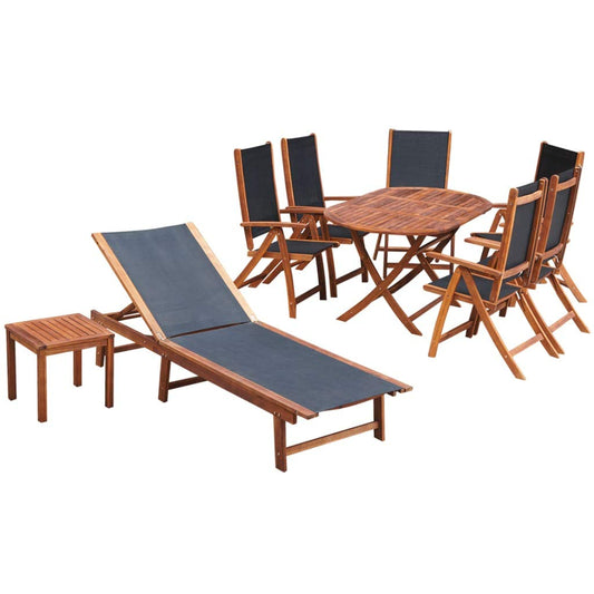 9 Piece Outdoor Dining Set with Cushions Solid Acacia Wood,6 Person Wood Patio Furniture Set,Wooden Table with Umbrella Hole can be Folded,with Folding chair with 5 positions,with 1 Sun lounger