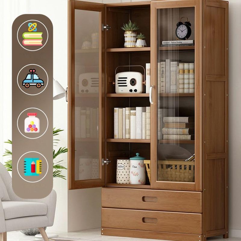 LITFAD Modern 4-Tier Bamboo Bookcase with Glass Doors and 2 Drawers LITFAD