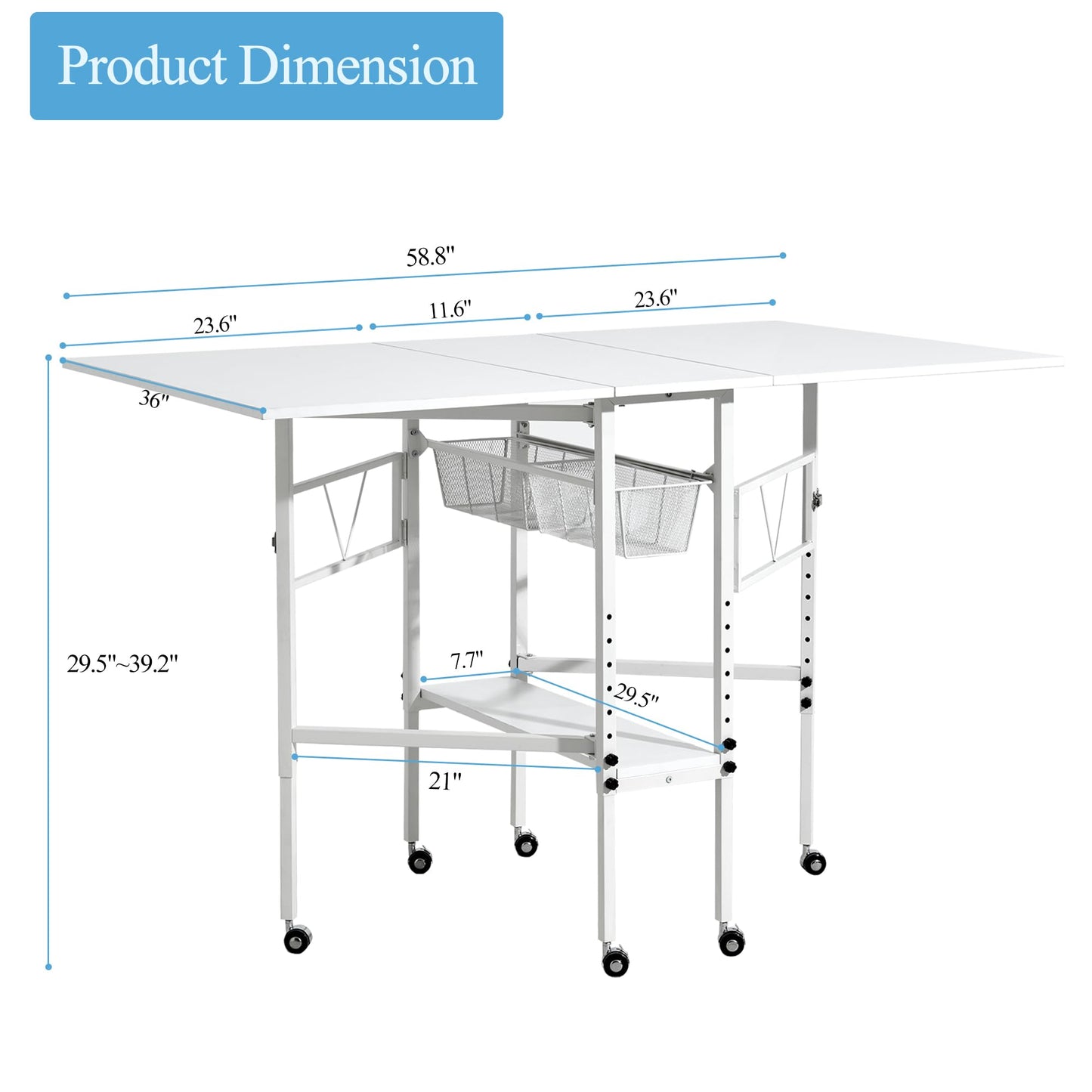 CRAFTEASE Home Hobby Cutting Table 59" W x 36" D, Height Adjustable Craft Table with 2 Drawers and Storage Shelf, Folding Sewing Table Mobile Standing Table for Home Office Studio