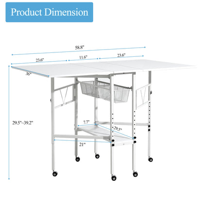 CRAFTEASE Home Hobby Cutting Table 59" W x 36" D, Height Adjustable Craft Table with 2 Drawers and Storage Shelf, Folding Sewing Table Mobile Standing Table for Home Office Studio