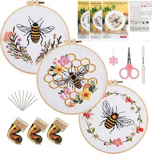 3 Pack Embroidery Kit for Beginner Adults, Cross Stitch Set with Bees Flowers, Includes Clear Instructions, Embroidery Hoop, Stamped Patterns, Colorful Threads, Tools.Hand Craft Lover Gifts