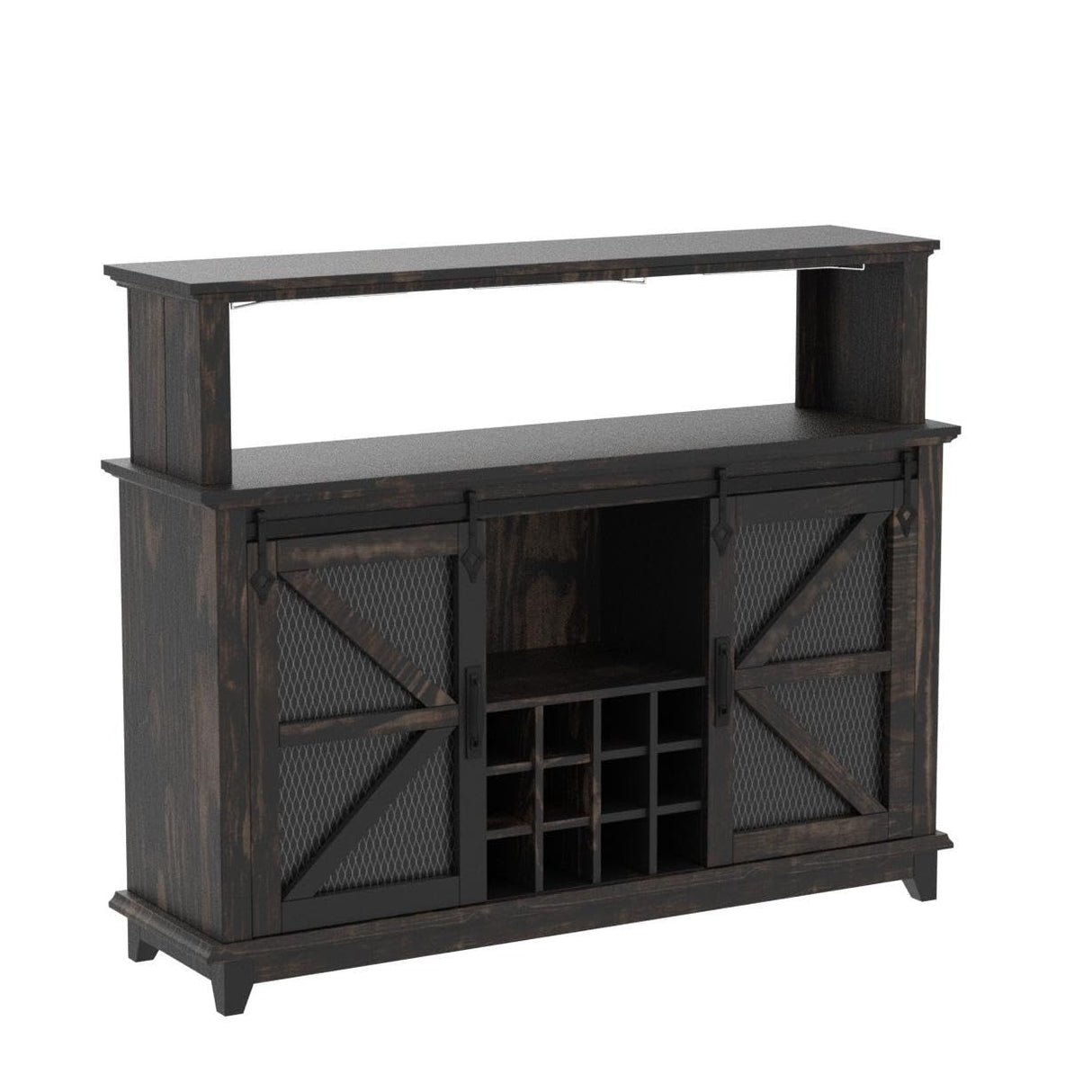 OKD Farmhouse Coffee Bar Cabinet with LED Lights, 55" Sideboard Buffet Table w/Sliding Barn Door & Wine and Glass Rack, Home Liquor Bar w/Storage Shelves for Dining Room,Dark Rustic Oak OKD