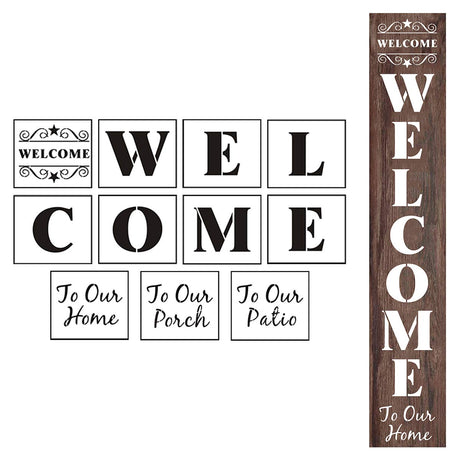 Welcome Stencils for Painting on Wood - 11 Pack Large Vertical Welcome Sign Stencil Templates for Wood Signs, Reusable Letter Stencils for Home, Patio, Porch Signs & Front Door Decorations REOLAN