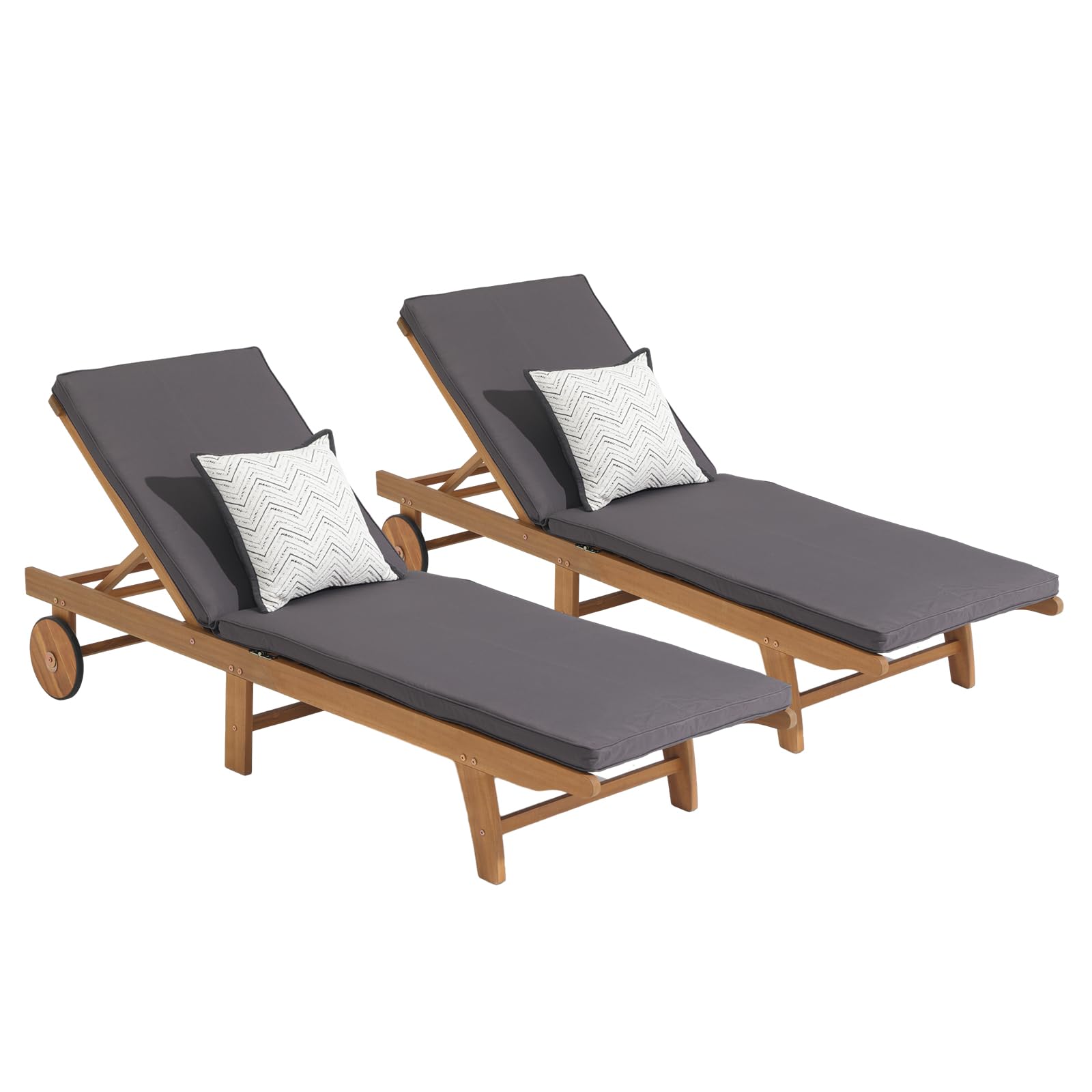 Patiorama Patio Acacia Wood Chaise Lounge Set of 2, Outdoor Folding Lounge Chair Recliner w/Adjustable Backrest, Wheels,Padded Cushion, Portable Sun Lounger Pool Chair for Deck,FSC Certified, - WoodArtSupply