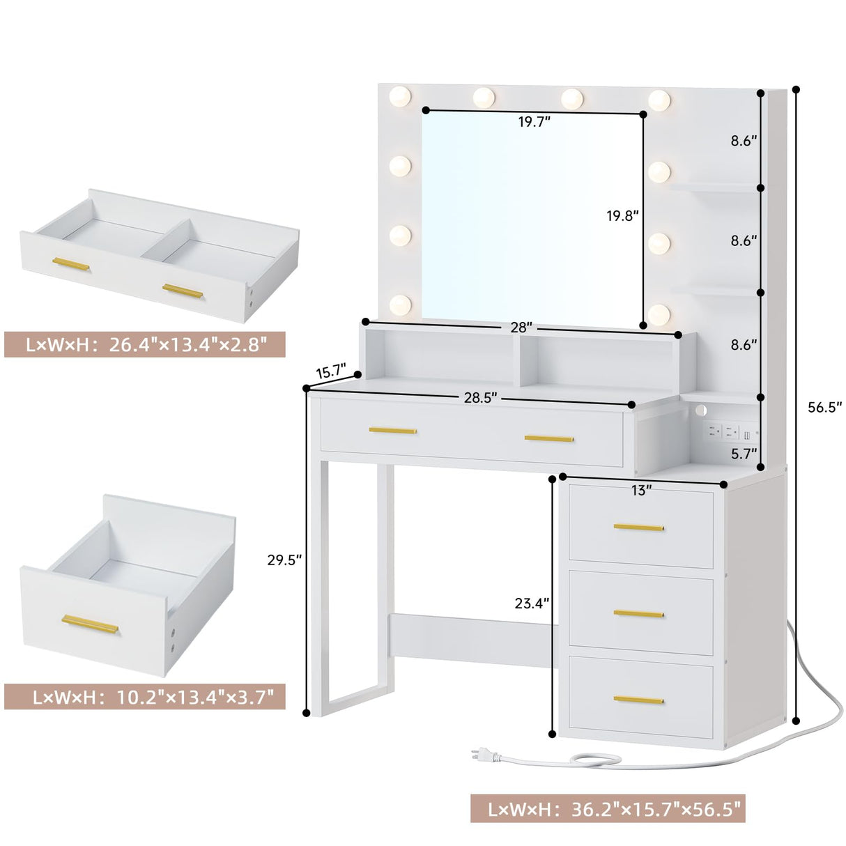 Tiptiper Makeup Vanity with Lights, Vanity Desk with Charging Station, White Vanity Table with 10 Light Bulbs Mirror & 3 Lighting Modes, Makeup Desk with Drawers, Nightstand and Storage Shelves Tiptiper