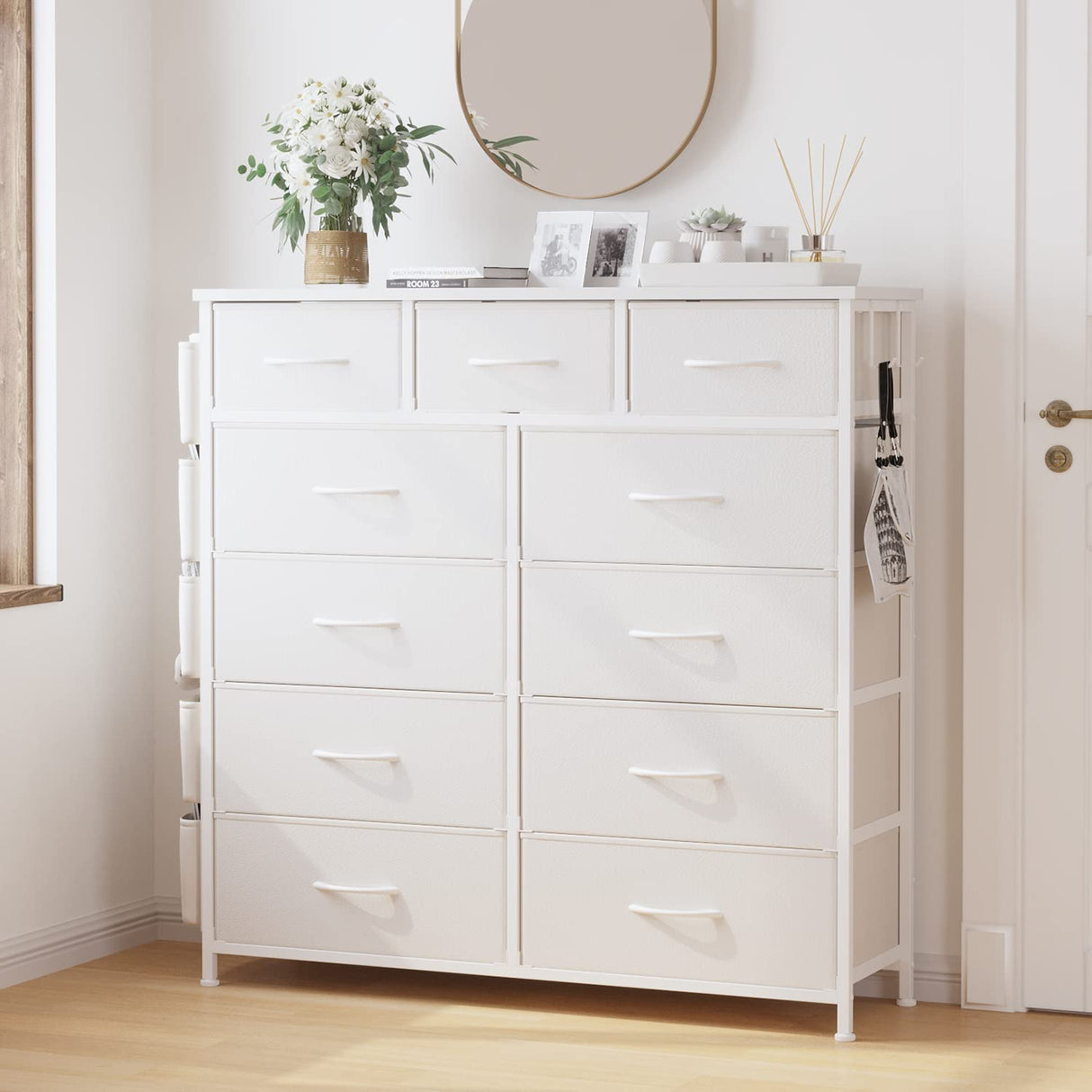 LIVEHOM Dresser for Bedroom with 11 Drawer, Dressers & Chests of Drawers with Side Pockets, Hooks, Fabric Storage Drawer, Steel Frame, Wood Top, Organizer Unit and Pull Handle for Closet. LIVEHOM