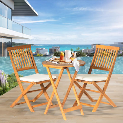 Panana 3PCS Patio Bistro Set Acacia Wood Folding Table Chairs with Cushions for Outdoor Garden Deck, Yard