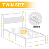 Weehom Twin Bed Frames with Headboard Shelf Storage, Wood Twin Bed Frame with Charging Station and LED Lights, No Box Spring Needed Twin Size Metal Bed Frame for Kids Students, White Weehom