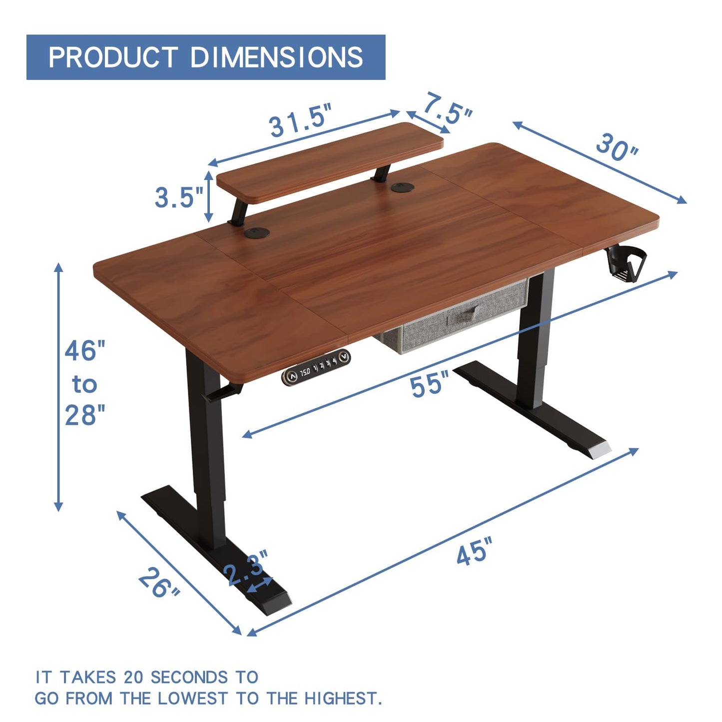 bilbil Electric Standing Desk with Drawer, 55x30 Inches Adjustable Height Sit Stand Up Desk with Storage Shelf, Home Office Desk Computer Workstation with Dark Walnut Top/Black Frame - WoodArtSupply