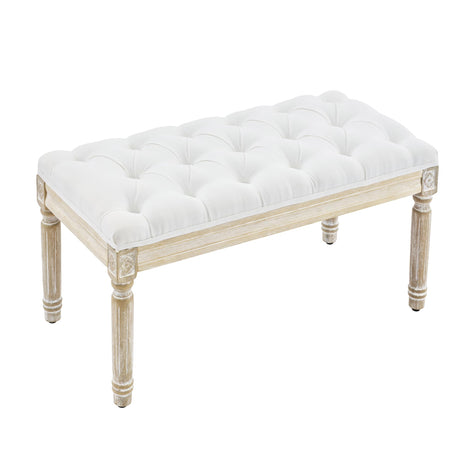 LOULENS French Vintage Bench, Linen Fabric Entryway Bench, Upholstered Tufted End of Bed Bench with Brushed Wood Legs, White LOULENS