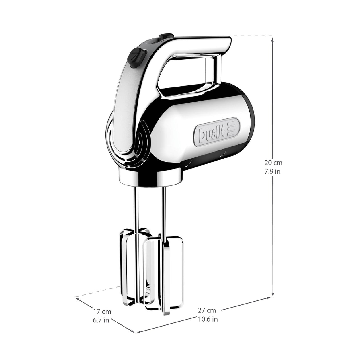 Dualit Hand Mixer - 400W - Strong Grip Handle - Attachments Included - Integral Plug Storage - 4 Speed Settings - Repairable gears - Flat Beaters, Dough Hooks, Balloon Whisk Dualit