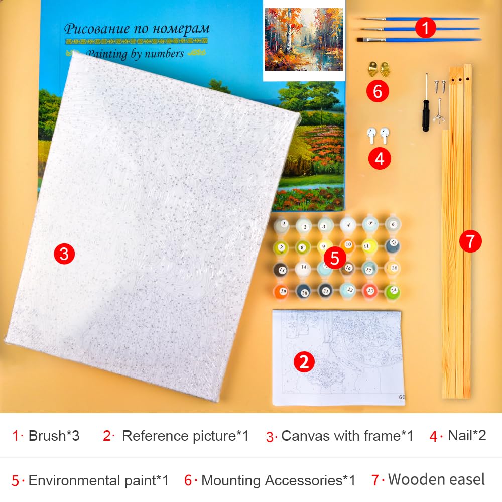 Paint by Numbers for Adults Birch Forest in Autumn Season Paint by Numbers Kit for Adults Canvas Forest Paint by Numbers Oil Hand Painting Art Crafts Flameless Oil Painting Kits 16x20 Inch Frame Rebotipy