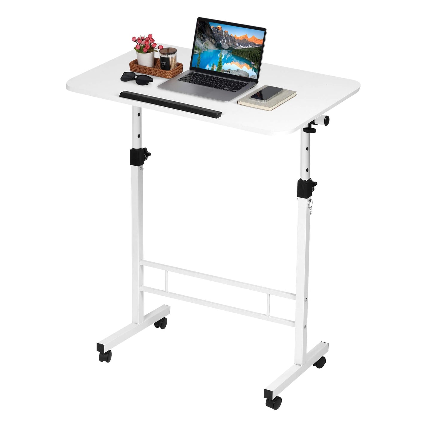 Small Standing Desk Adjustable Height,Rolling Computer Desk,Mobile Standing Desk with Wheels,Portable Stand Up Desk,Tall Computer Table,Adjustable Desktop Sit Stand Desk,Size 31.5x15.7 Inch White