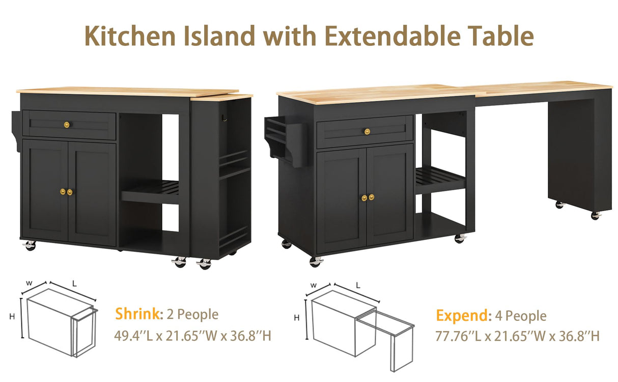 JassmiPkwy 77.8'' Rolling Kitchen Island with Extendable Dining Table for 2-4, 2 in 1 Kitchen Islands Cart on Wheels, Storage Cabinet with Drawer, 2-Tier Storage Shelf, Black JassmiPkwy