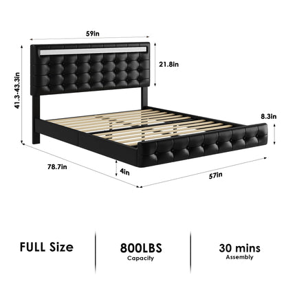 Keyluv Black Floating Bed Frame with LED Lights and Adjustable Upholstered Headboard - WoodArtSupply