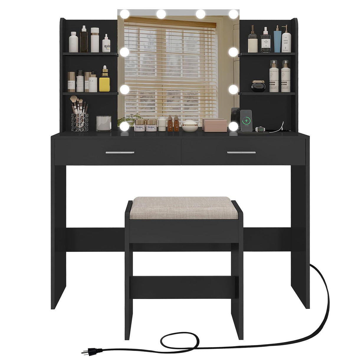 FIONESO Vanity Desk, Makeup Vanity Desk with Mirror & Lights, Vanity Desk with 2 Drawers & 6 Storage Shelves, Dressing Table with Power Outlet, for Women Girls, Bedroom, Black FIONESO