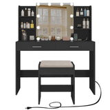 FIONESO Vanity Desk, Makeup Vanity Desk with Mirror & Lights, Vanity Desk with 2 Drawers & 6 Storage Shelves, Dressing Table with Power Outlet, for Women Girls, Bedroom, Black FIONESO