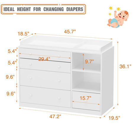 Timechee Changing Table Dresser, Baby Classic Nursery Dresser with 5 Drawers and 2 Shelves, Multi-Functional Baby Changing Table, Diaper Changing Station for Children's Room, White Timechee
