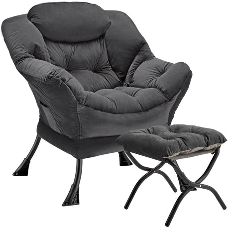Congermom Lazy Chair with Folding Ottoman Modern Large Accent Chair,Contemporary Lounge Leisure Sofa Chair with Armrests Upholstered Sofa Armchair Reading Chair for Bedroom,Dorm & Office (Dark Grey-f) Congermom