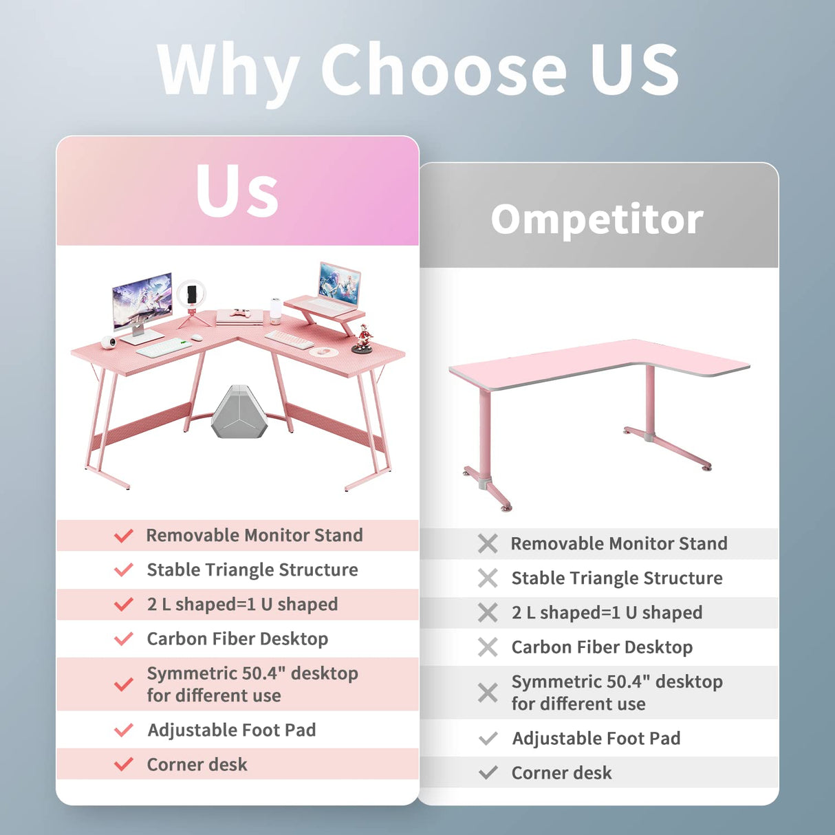 VICTONE L Shaped Gaming Desk, Corner Desk with Monitor Stand, Computer PC Table for Home Office Writing Studying Working, Space-Saving, Easy Assemble(Pink,51'') VICTONE